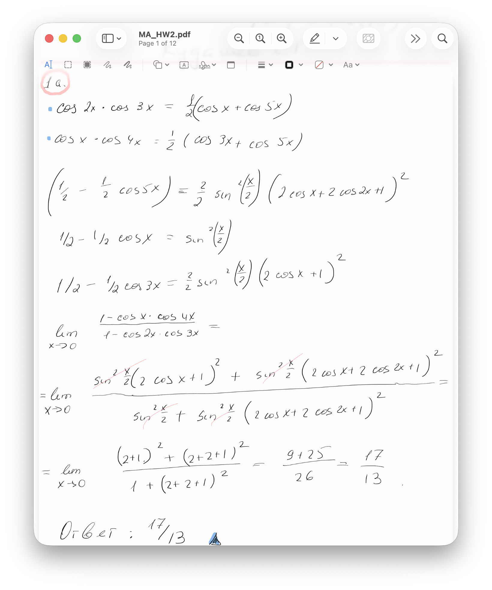 Rendered page from a mathematical analysis homework PDF with handwritten trigonometric limit work
